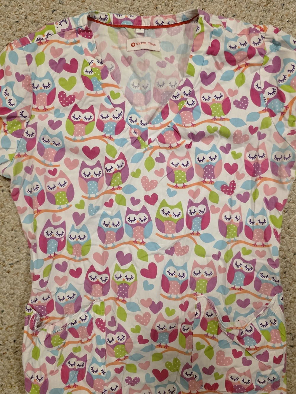 White Cross Womens Small Owl Print Scrub Top